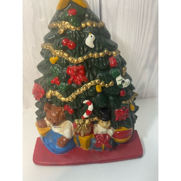 Vtg Cast Iron Decorated Christmas Tree Doorstop 8" Tall - Picture 2 of 5